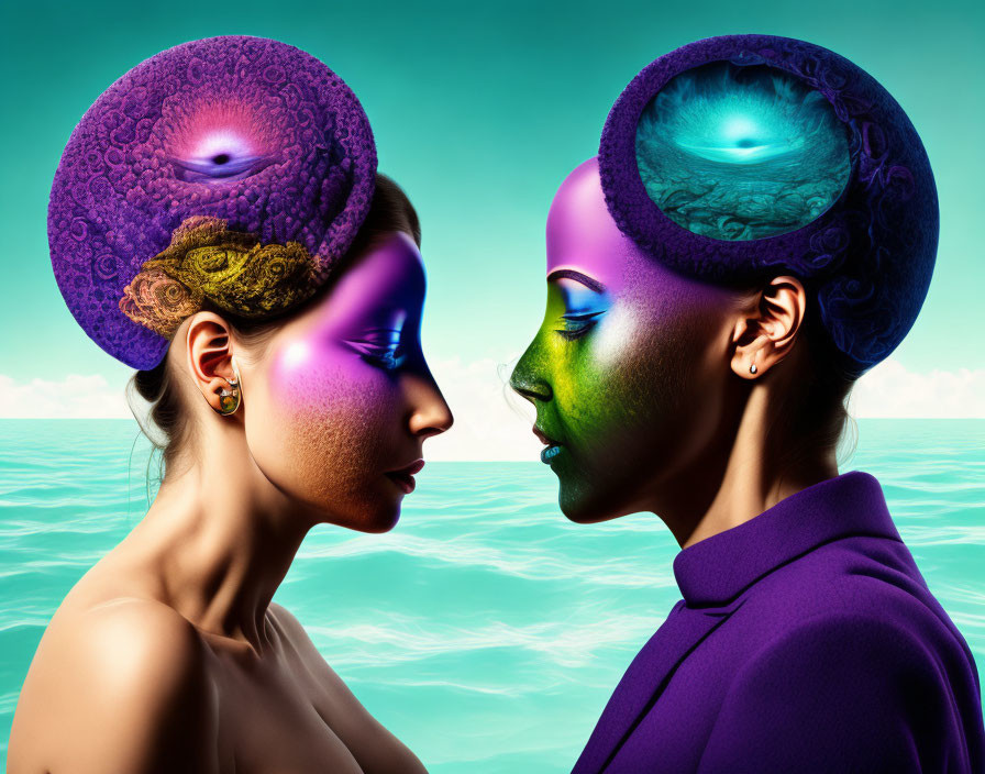 Vivid surreal portrait of two women with textured skin and planetary headpieces against ocean backdrop, profile view