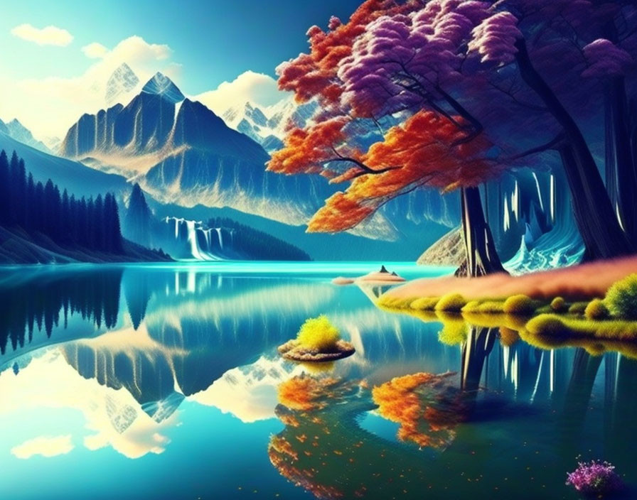 Colorful Trees Reflecting in Still Lake Surrounded by Majestic Mountains