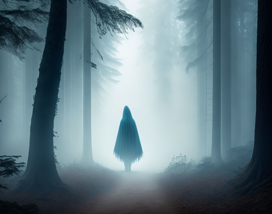 Misty forest path with solitary cloaked figure