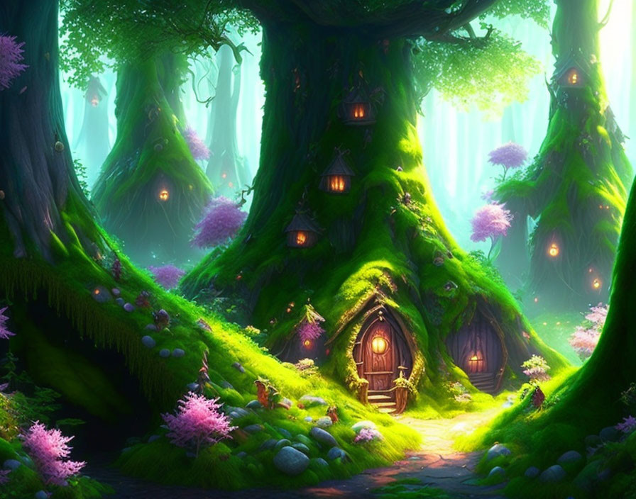 Vibrant green forest with moss-covered trees, purple flowers, glowing lights, and mystical doorway