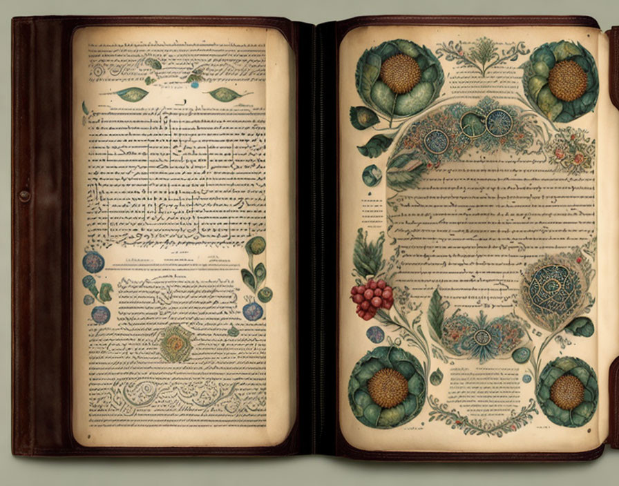 Intricate Arabic script and botanical motifs on open book