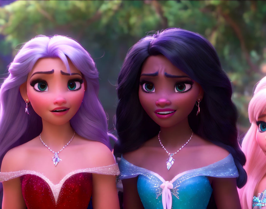 Two female animated characters in purple and red, and black and blue dresses, displaying astonishment.