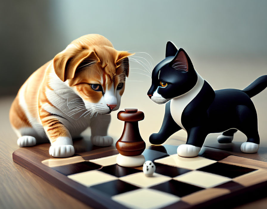 Animated cats playing chess in orange and black and white colors