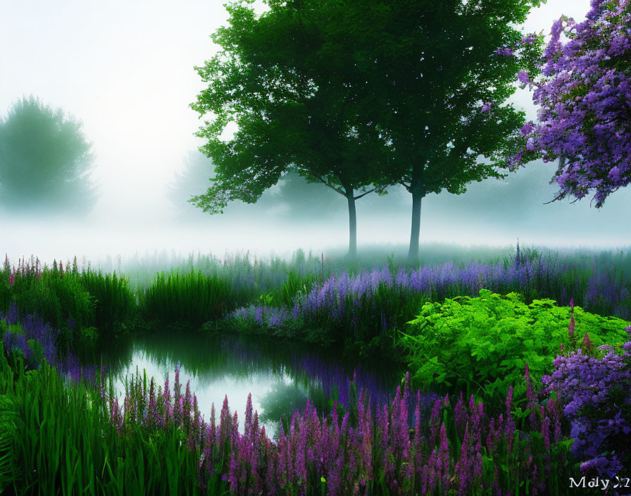 Tranquil landscape with lush greenery, purple flowers, and misty pond