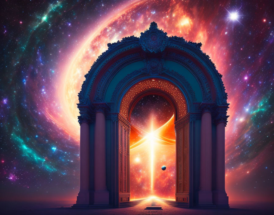 Decorative archway frames cosmic scene with stars, nebulae, and distant planet.