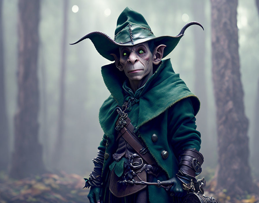 Green-skinned character with sword in misty forest wearing medieval attire