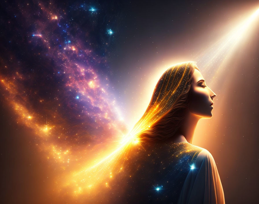 Cosmic-themed digital artwork featuring woman with light beam and starry hair