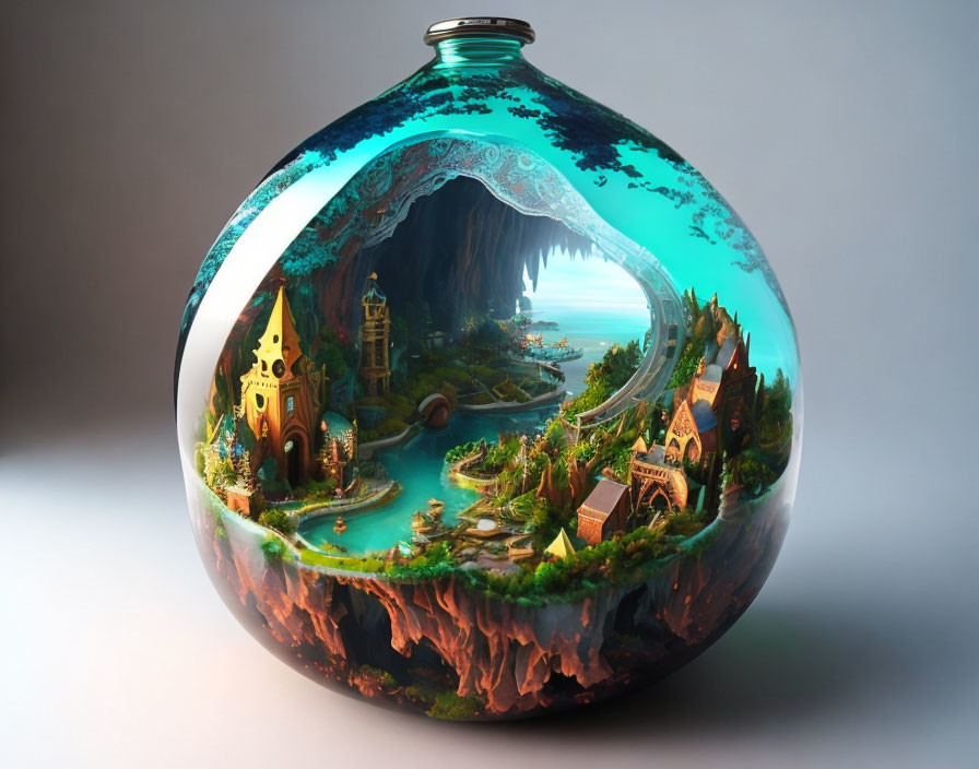 Miniature Fantasy Terrarium with Castles and Waterways in Glass Container