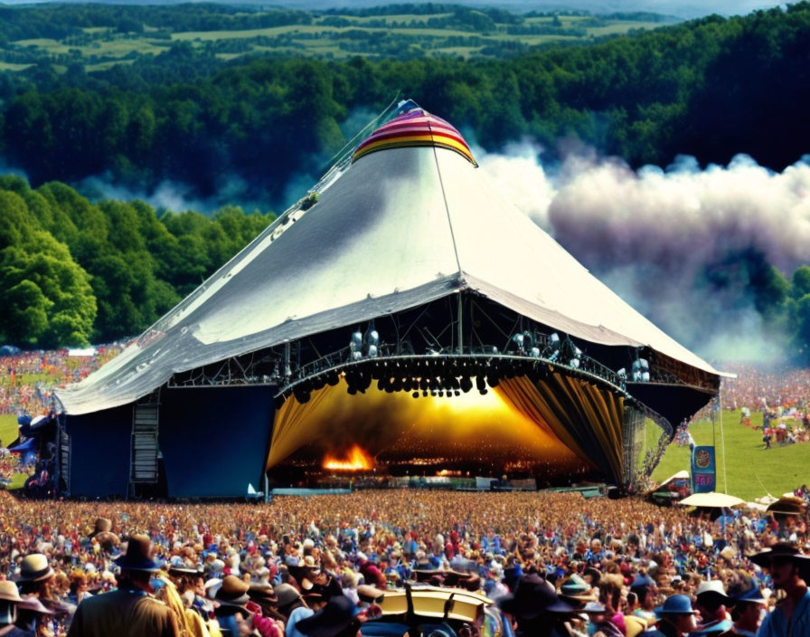 Outdoor music festival stage with green hills and smoke effects