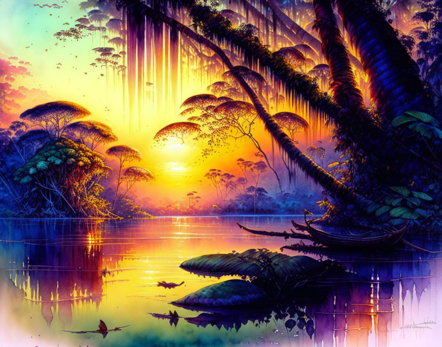 Colorful illustration of mystical jungle with lush trees, river, canoe, and sunset reflection