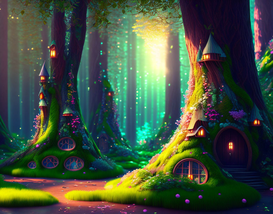 Whimsical treehouses in enchanted forest with vibrant greenery