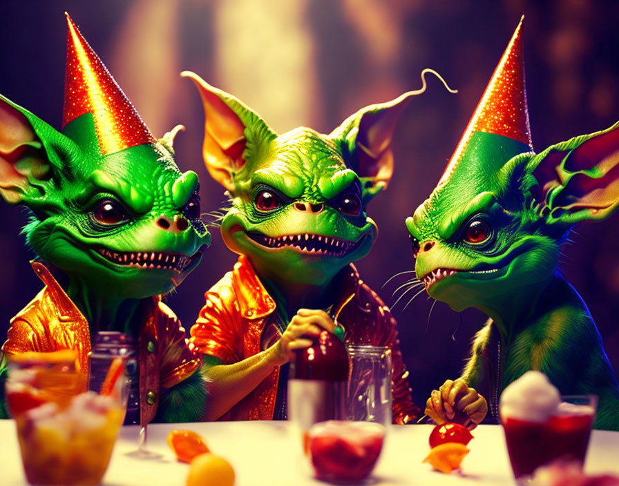 Three green goblin-like creatures in party hats celebrating with drinks and snacks