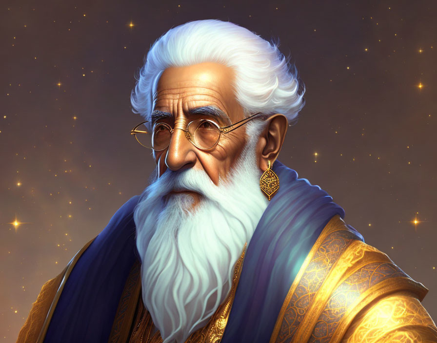 Elderly man with white beard in blue and gold robe on starry backdrop