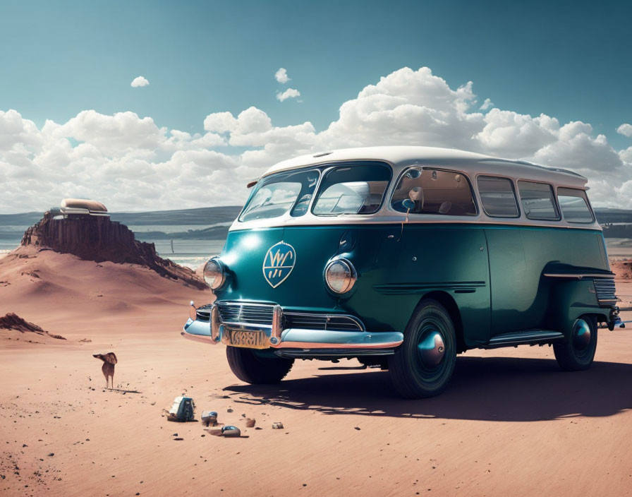 Vintage van parked in desert with bird and scattered cans