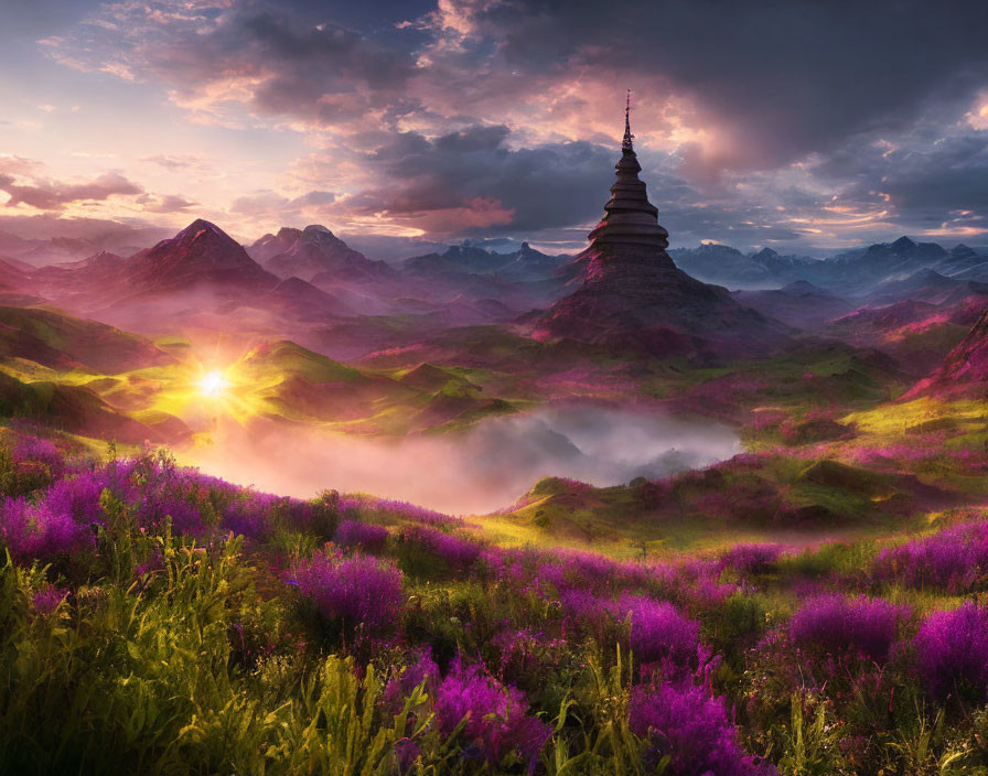 Mystical pagoda on hill amidst purple wildflowers at sunrise