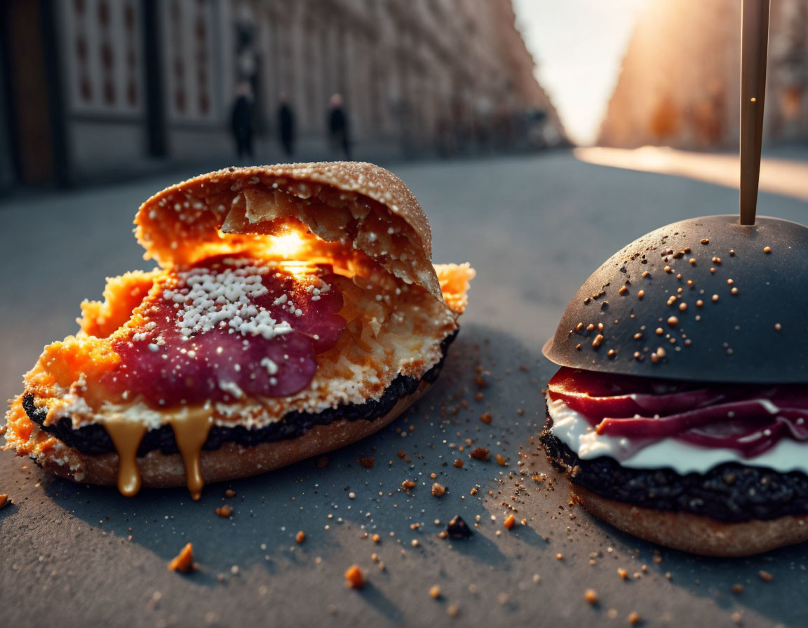 Cheesy burger with dark bun oozing cheese on city street at sunset