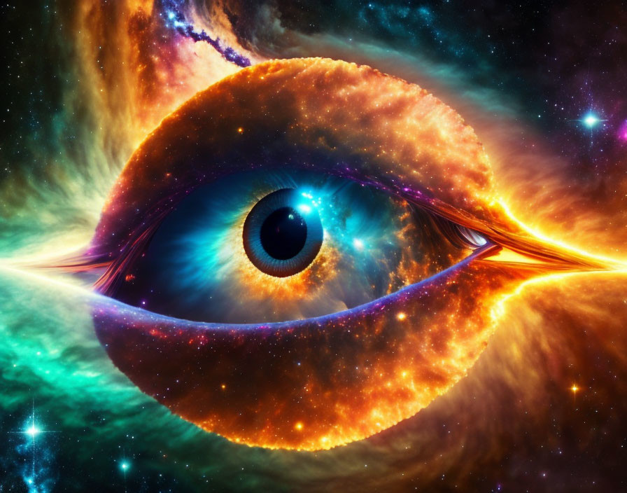 Eye surrounded by vibrant nebulae and stars in cosmic digital artwork