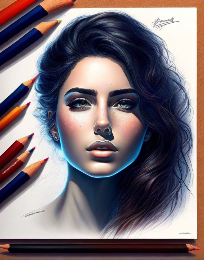 Detailed Hyper-Realistic Woman Portrait with Blue Eyes and Freckles