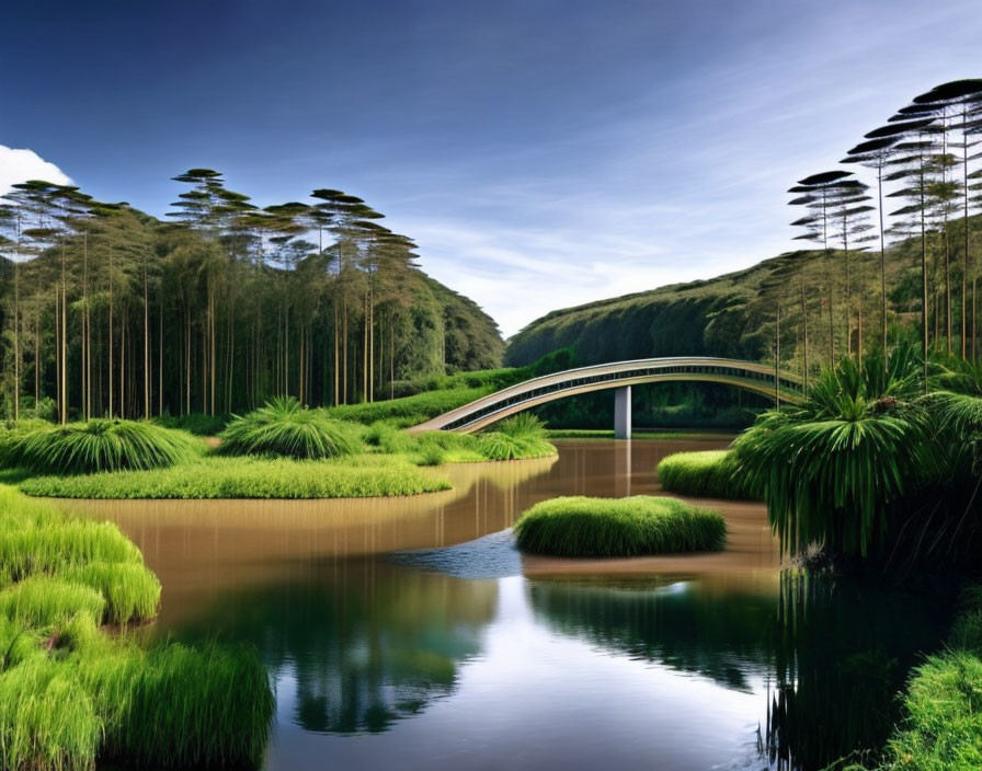 Tranquil landscape with modern bridge over calm river