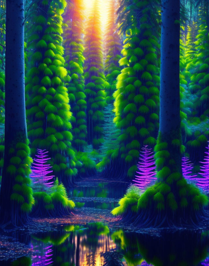 Lush Forest Scene with Sunlight, Water, and Neon Foliage