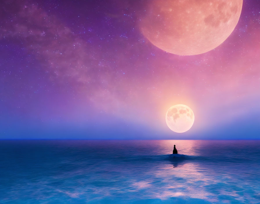 Purple Sky Over Tranquil Sea with Two Moons and Solitary Boat