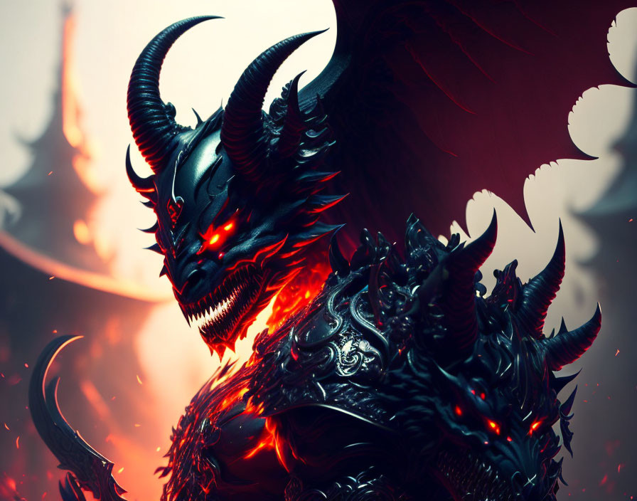 Black Dragon with Glowing Red Eyes and Sharp Horns in Fiery Scene