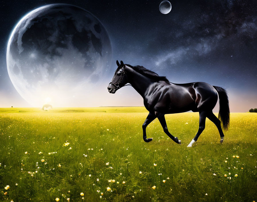 Black horse galloping in flower-strewn meadow under night sky with oversized moon.