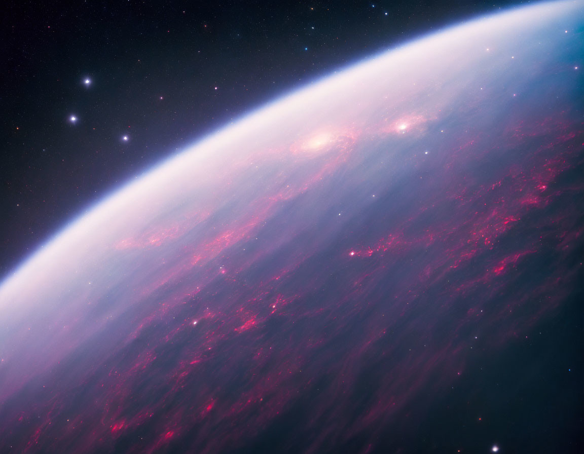 Planet's Curved Horizon with Pink and Purple Nebula in Cosmic View