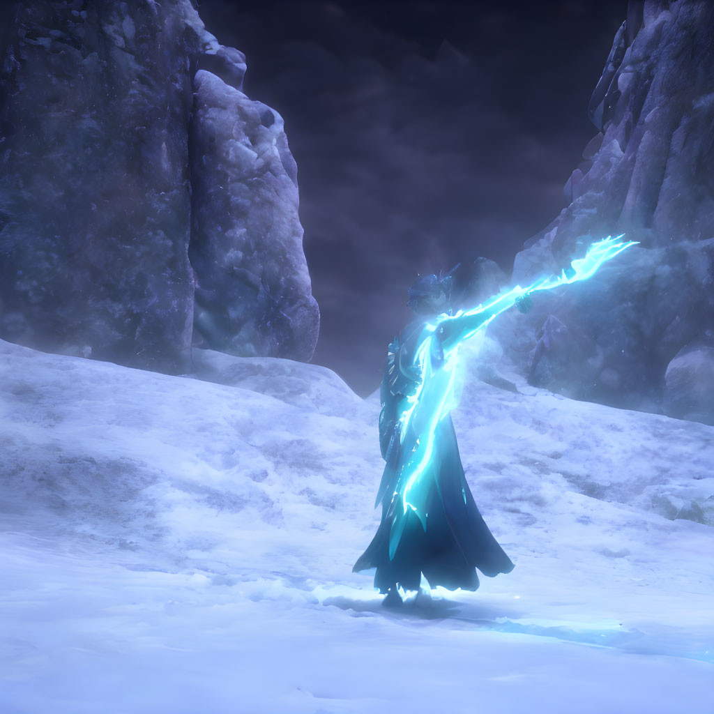 Figure in dark cloak with glowing blue sword in snowy cliffs under purplish night sky