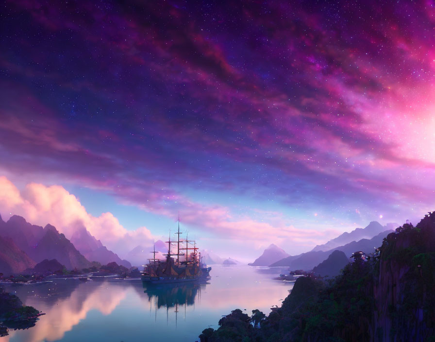 Fantasy landscape with starry sky, tranquil sea, old galleon, mountains.