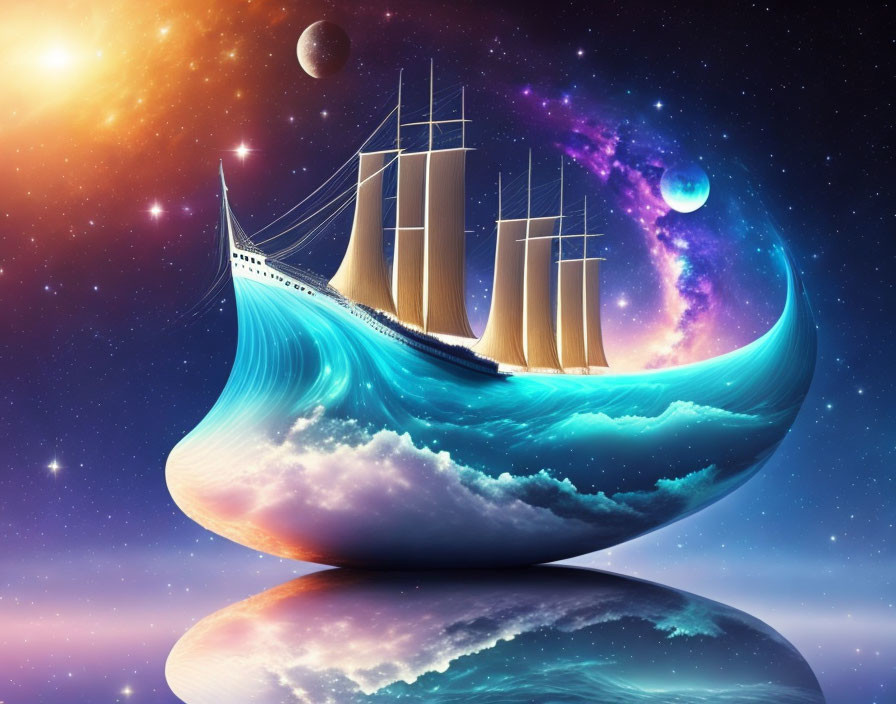 Surreal ship with tall sails on curved wave in cosmic setting