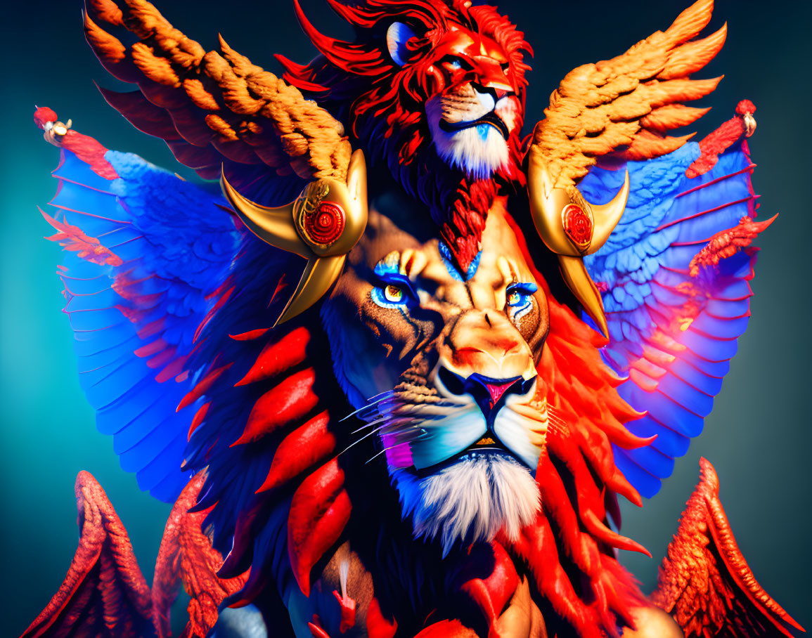 Mythical creature with lion face and eagle wings in vibrant digital art