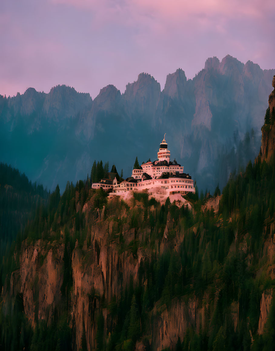 Castle on forested hill with mountains and pink sky