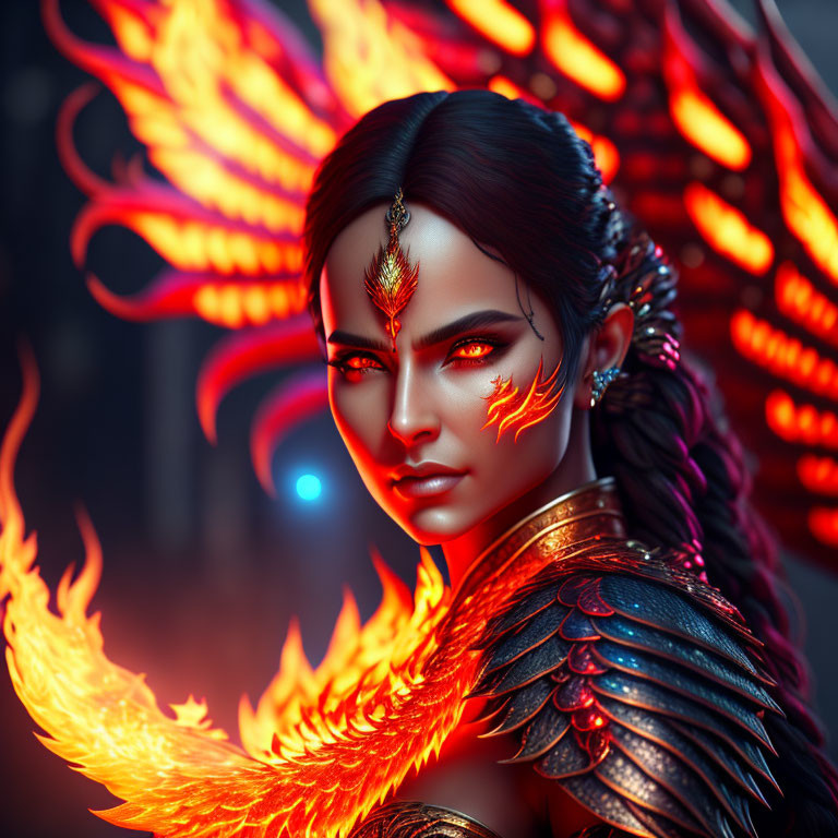 Digital artwork of woman with fiery wings, fantasy armor, intricate headpiece.