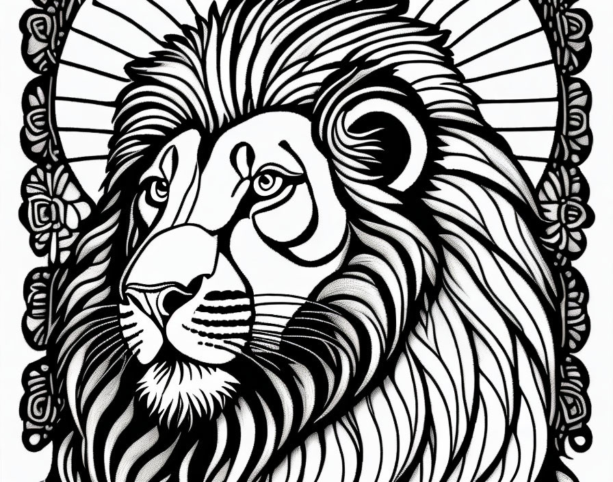 Detailed black and white lion illustration with intricate mane and regal background.