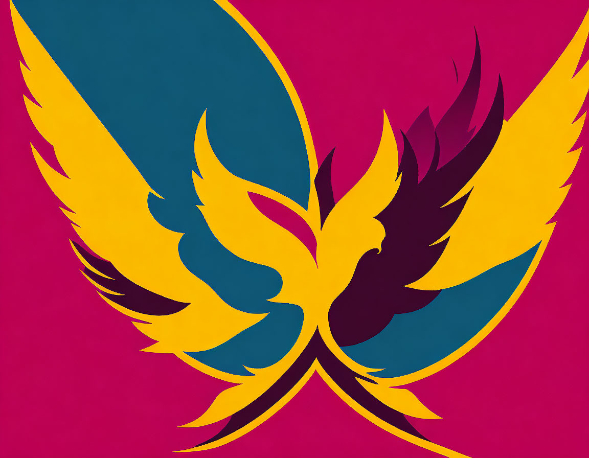 Stylized Phoenix Design in Gold, Blue, and Purple on Red Background