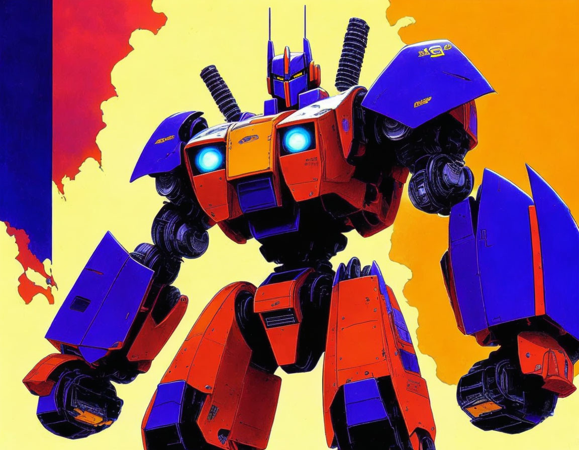 Colorful Stylized Robot with Red and Blue Armor on Vibrant Background