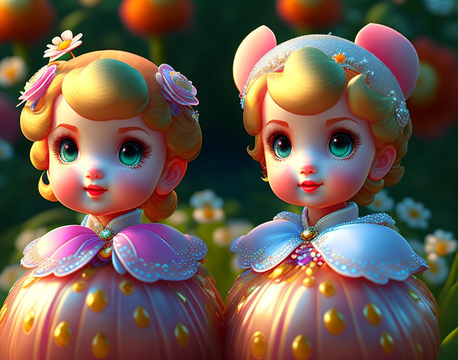 Stylized cartoonish female figures in colorful dresses with mouse ears on floral backdrop