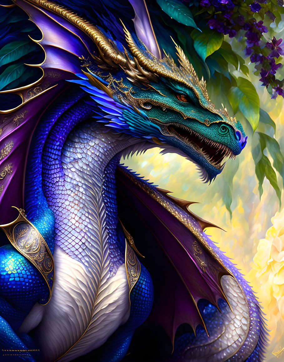 Detailed illustration of majestic blue and purple dragon in lush floral setting