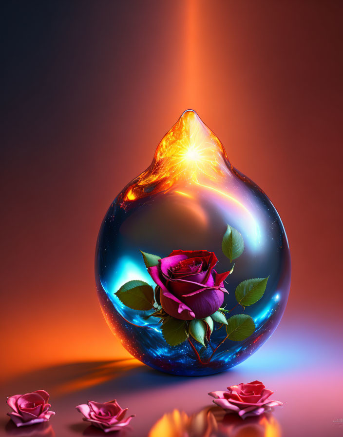 Glass orb with flame-topped rose, space backdrop, and scattered roses on reflective surface