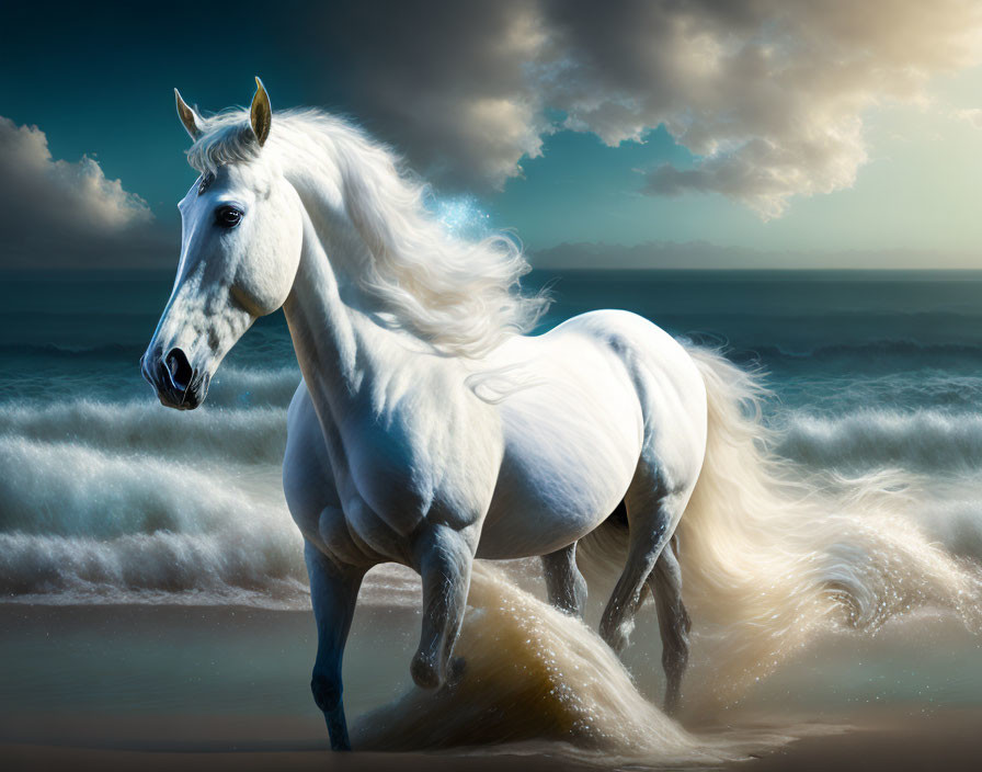 White horse with flowing mane on beach with crashing waves and dramatic sky