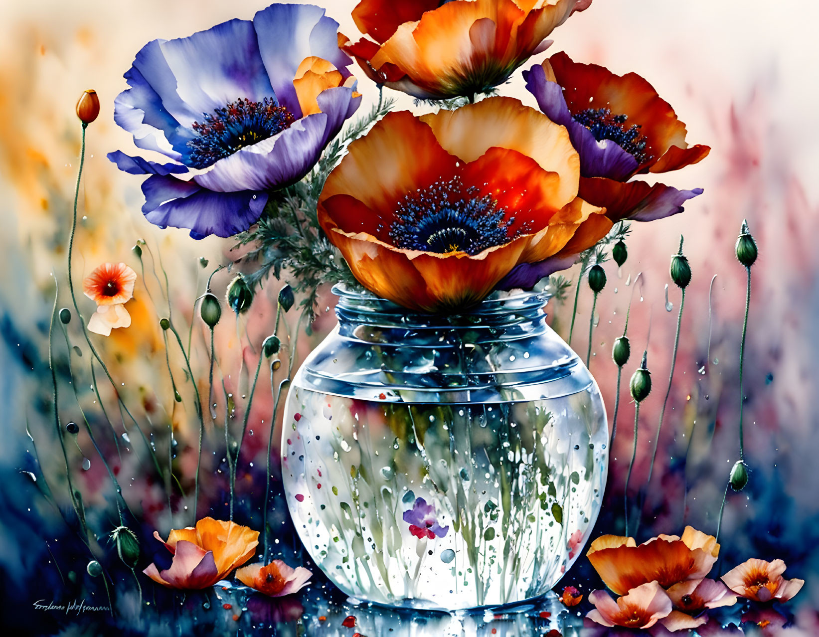 Colorful watercolor painting of poppies in a vase on dreamy background