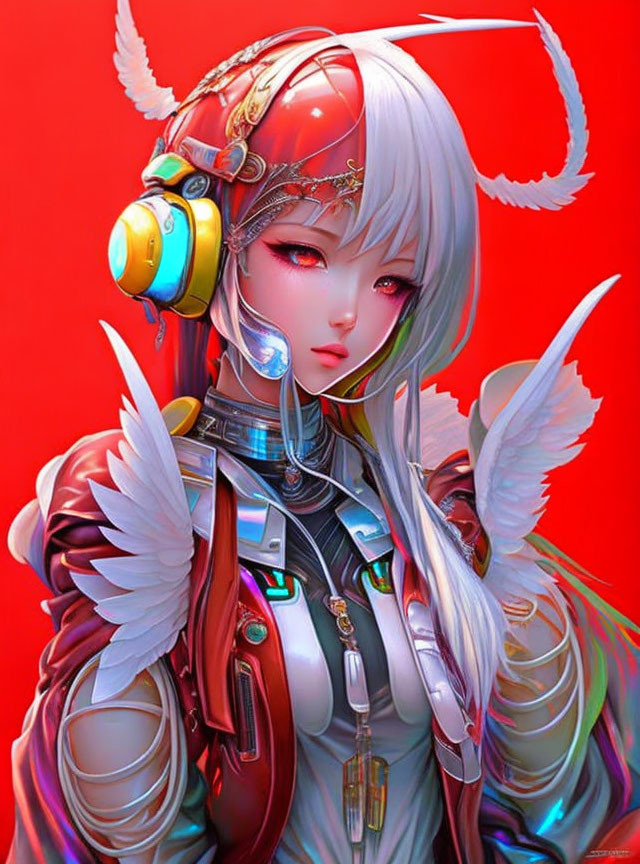 Illustrated female character with white hair, futuristic headphones, red visor, angelic motifs, and