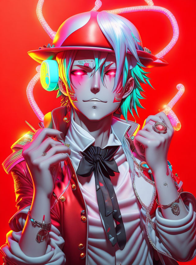 Character with white and blue hair, red eyes, red cap, headphones, white shirt, gold chains