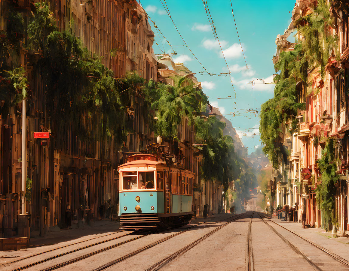 Vintage tram on historic street with overhanging trees