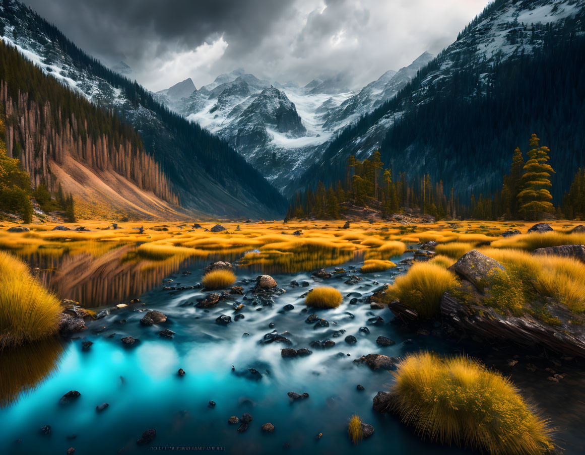 Autumnal mountain landscape with blue river and snow-capped peaks