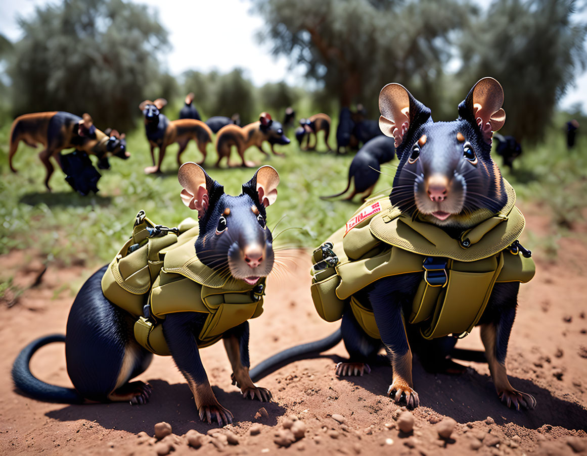 Two large animated rats in tactical harnesses with dogs and handler in background.