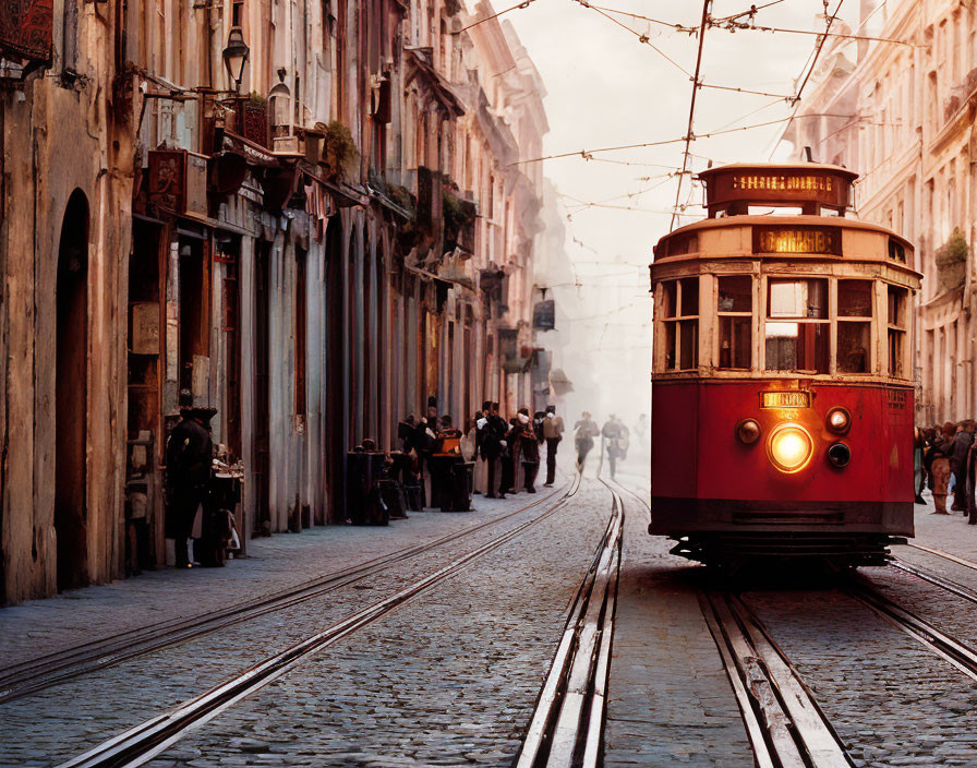 Vintage tram on cobblestone street with old buildings and pedestrians