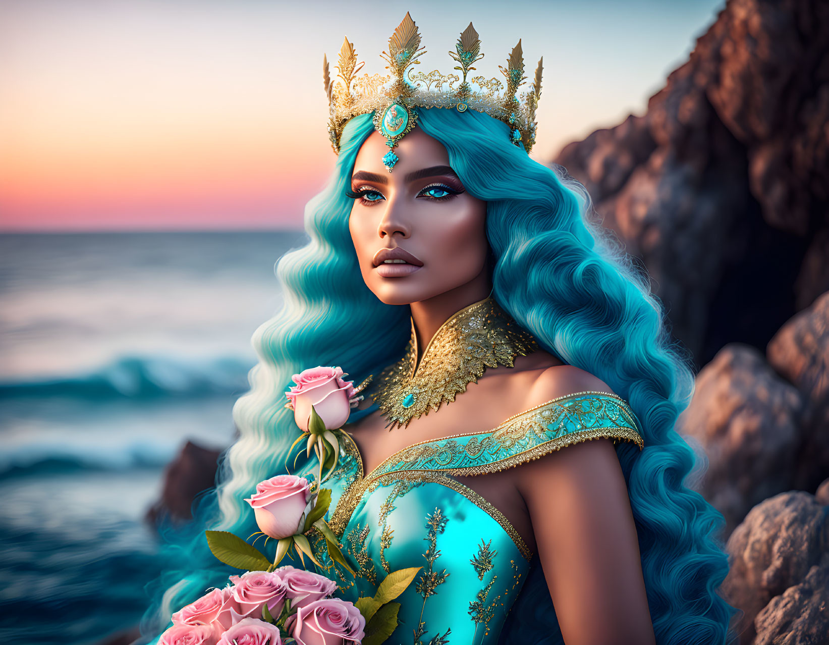 Digital artwork: Woman with blue hair, crown, teal dress, pink roses, rocky shoreline, sunset