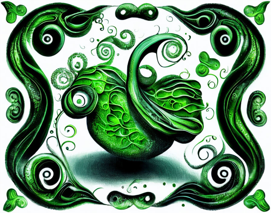 Symmetrical green and black swirling yin-yang illustration